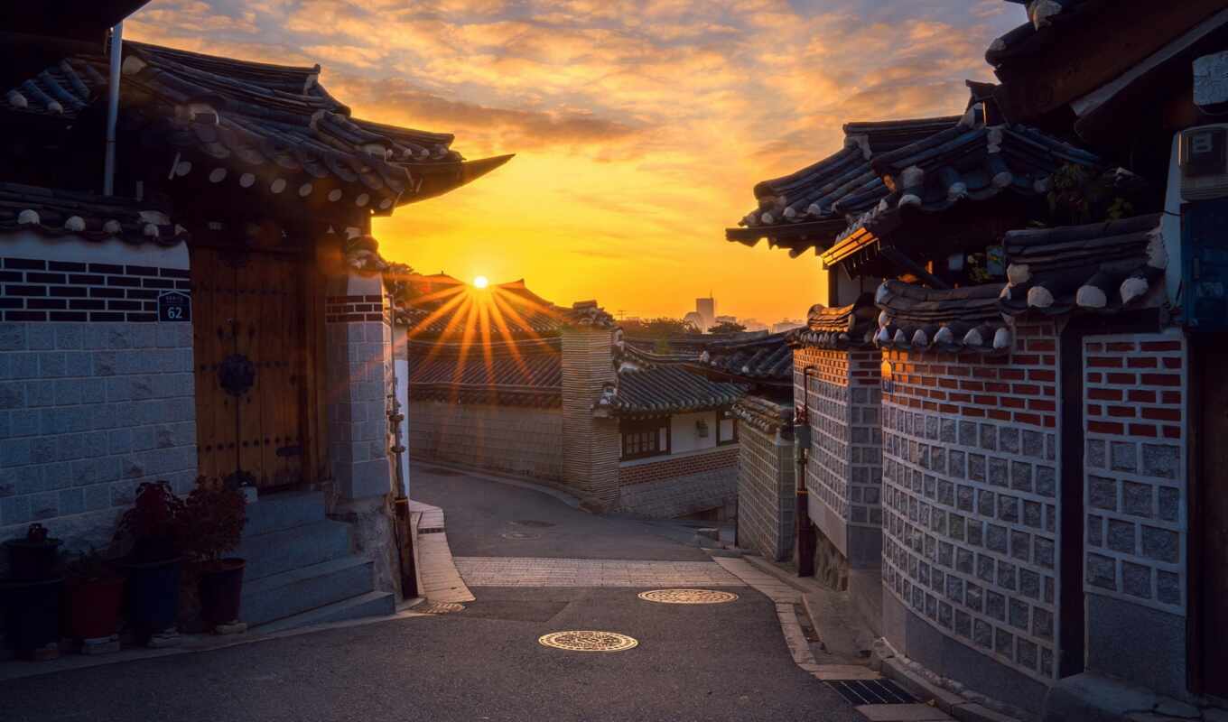 art, city, sunrise, morning, village, south, old, korean, seoul, hanok, bukchon