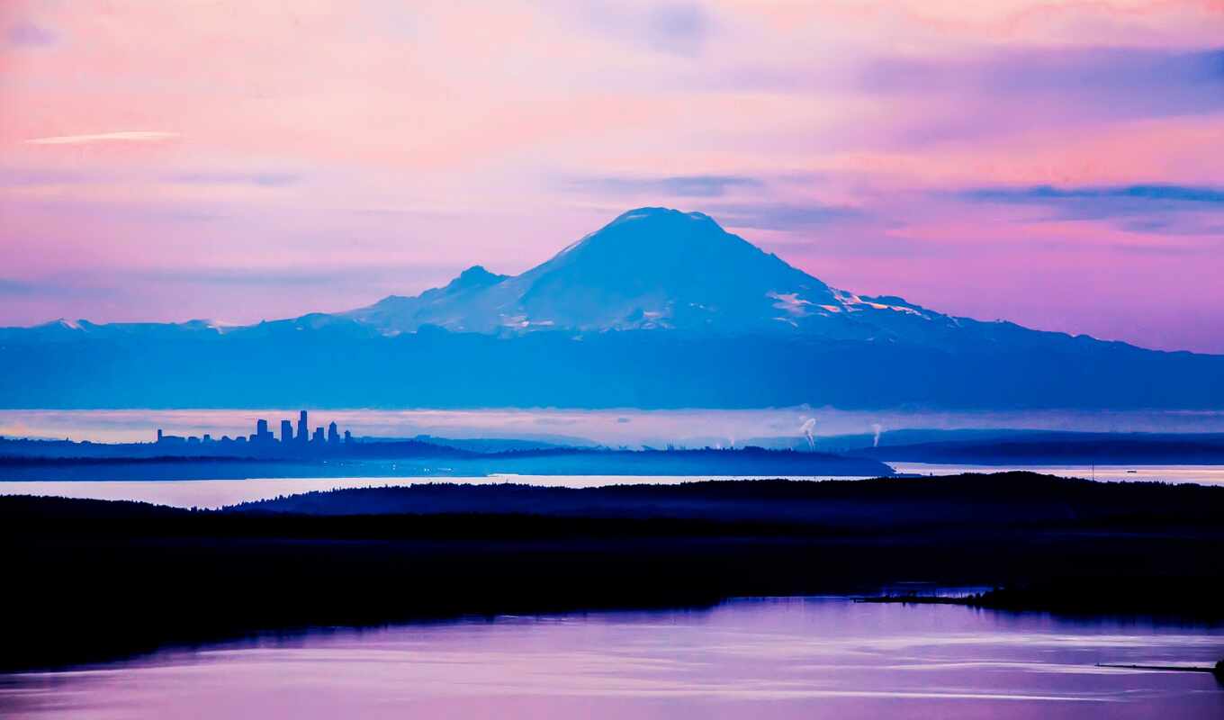 город, гора, сзади, mount, rainy