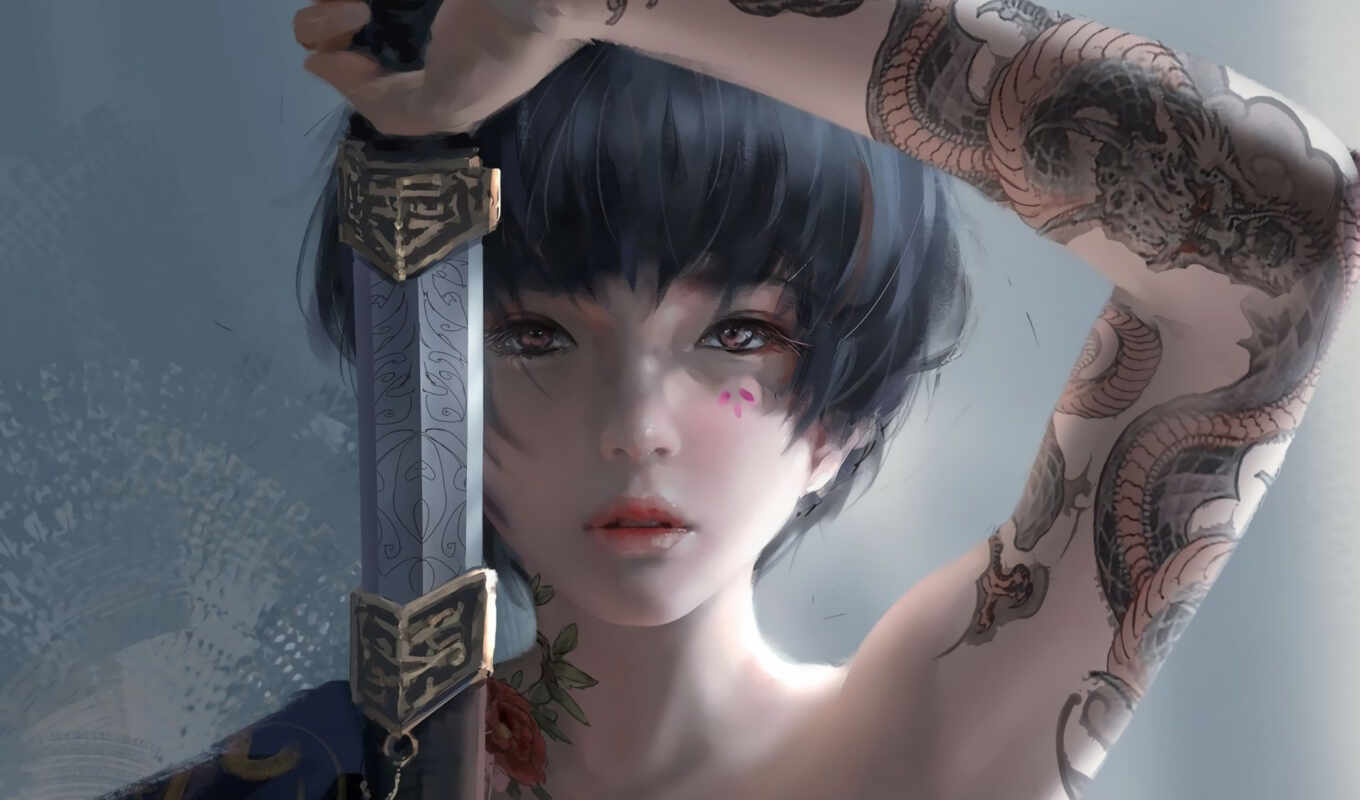art, girl, digital, samurai, sword, fantasy