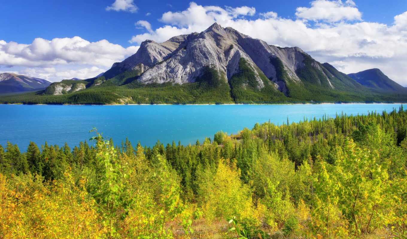 lake, nature, sky, tree, mountain, Canada, alberta, park, moraine, albert