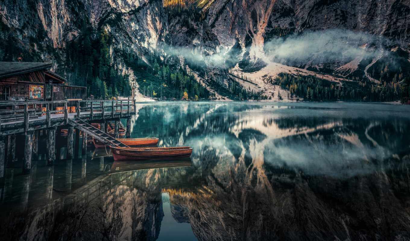 lake, nature, mountain, landscape, pier, reflection, a boat, italy, dolomite