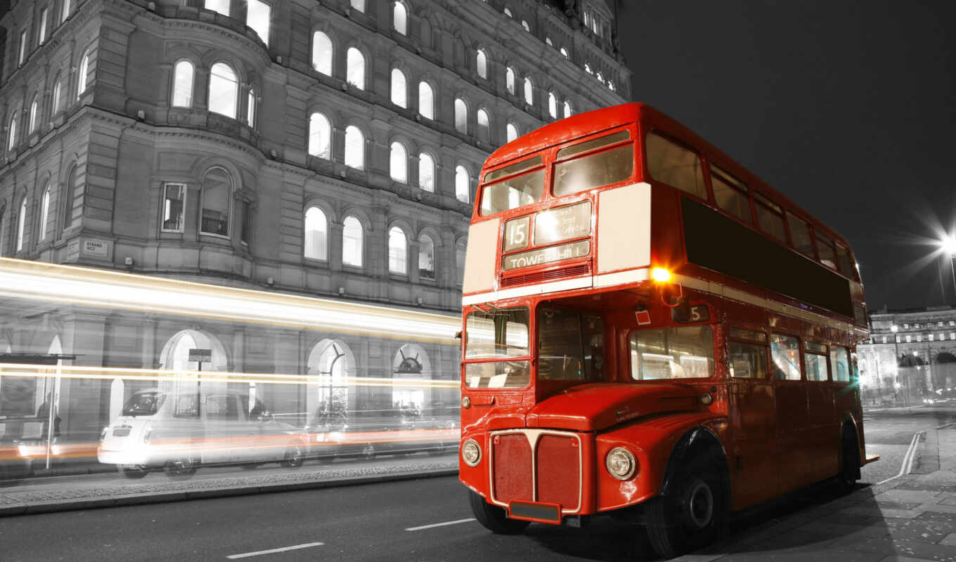 black, white, picture, city, night, street, road, Great Britain, london, bus