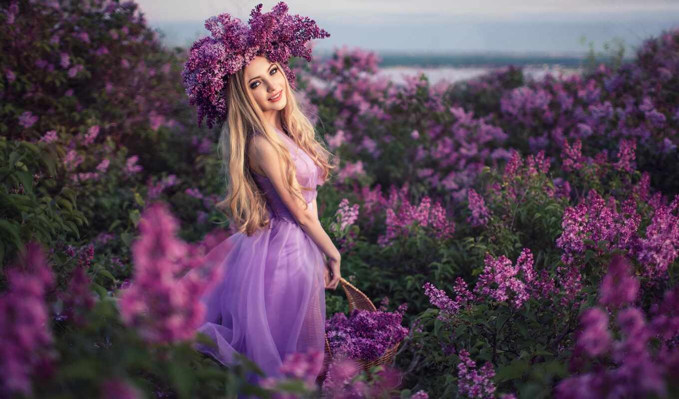 flowers, woman, purple, blonde, hair, model, gallery, lilac, outdoors, Sergey, rare