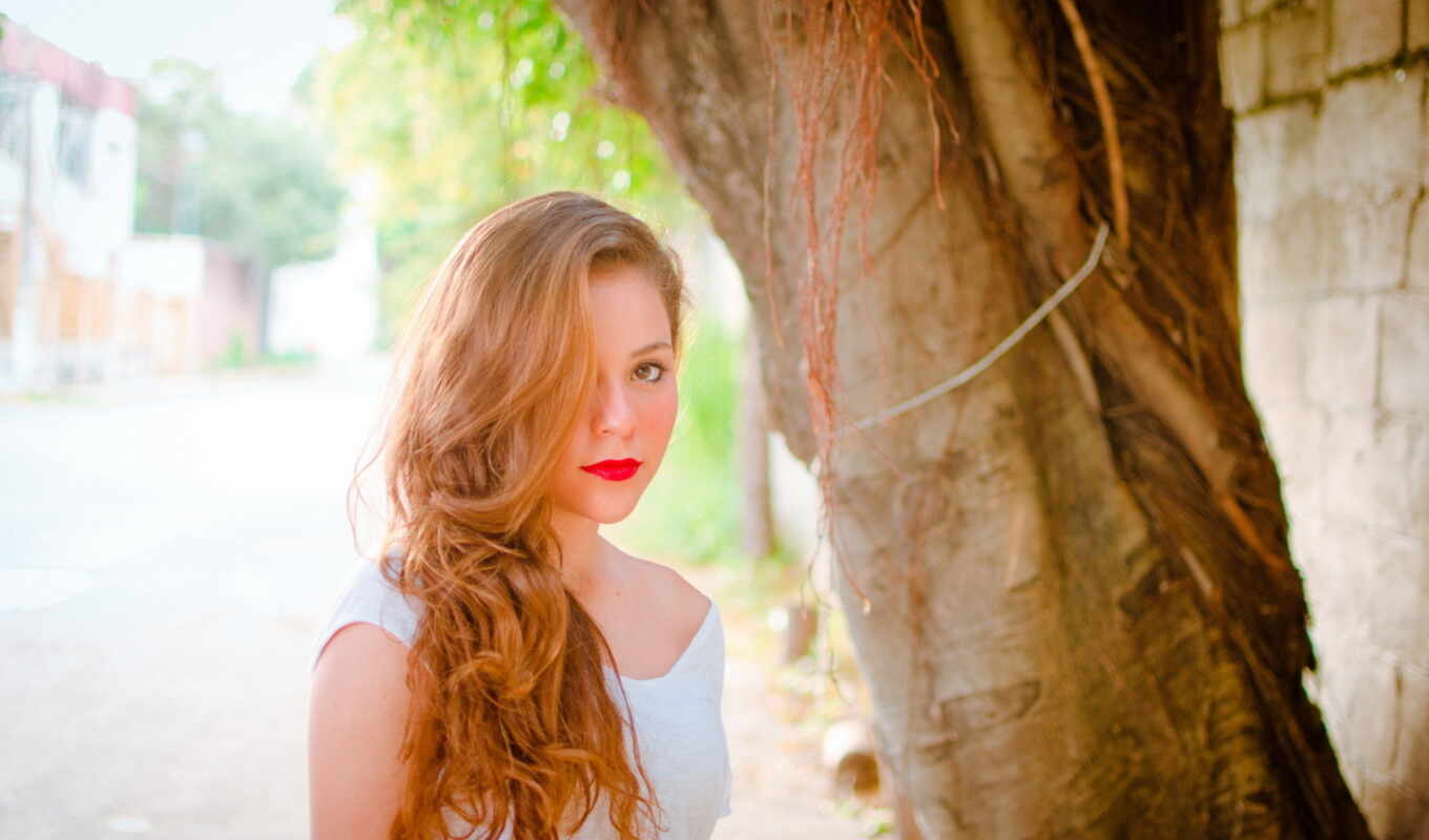girl, tree, hair, red, screenshot