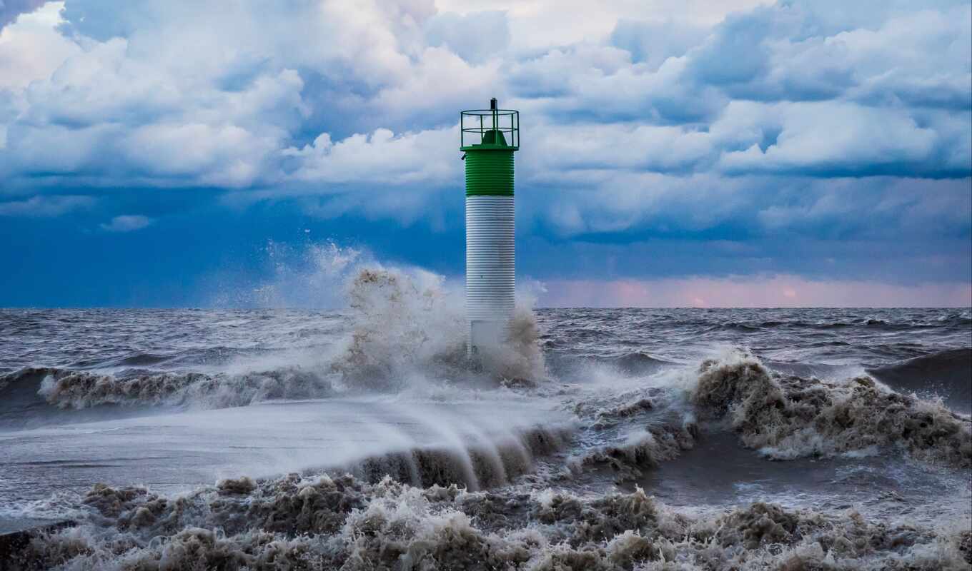 буря, море, lighthouse, брызги, волна