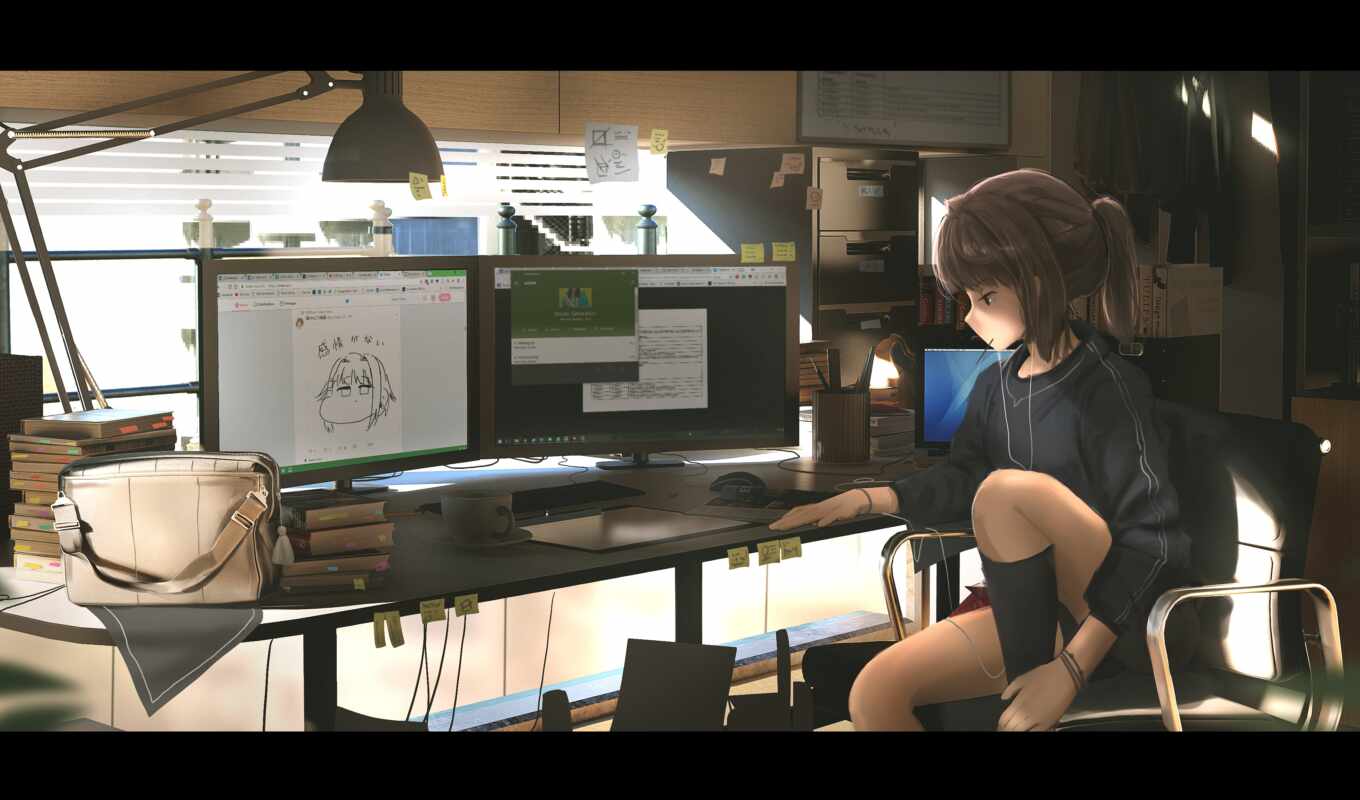 art, girl, game, a computer, anime, day, artwork, personality, lie, moescape