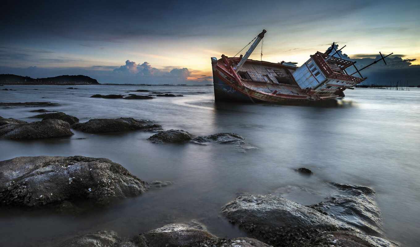 закат, корабль, water, пляж, rock, landscape, море, сегодня, кораблекрушение