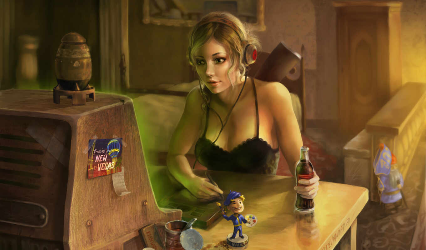 girl, game, a computer, earpiece