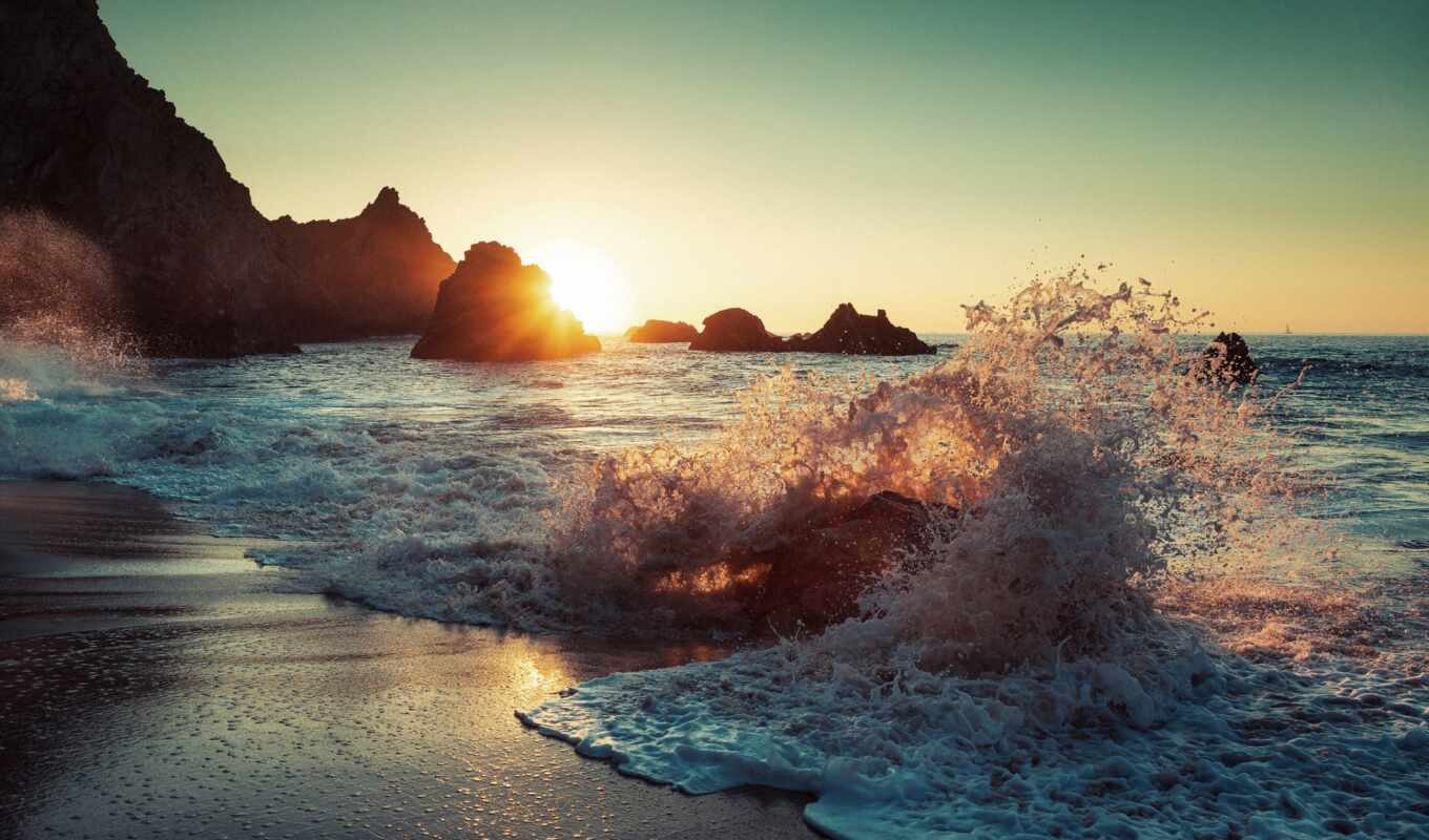 nature, sun, sunset, sunrise, beach, sea, ocean, splashes, waves, mountains, rocks