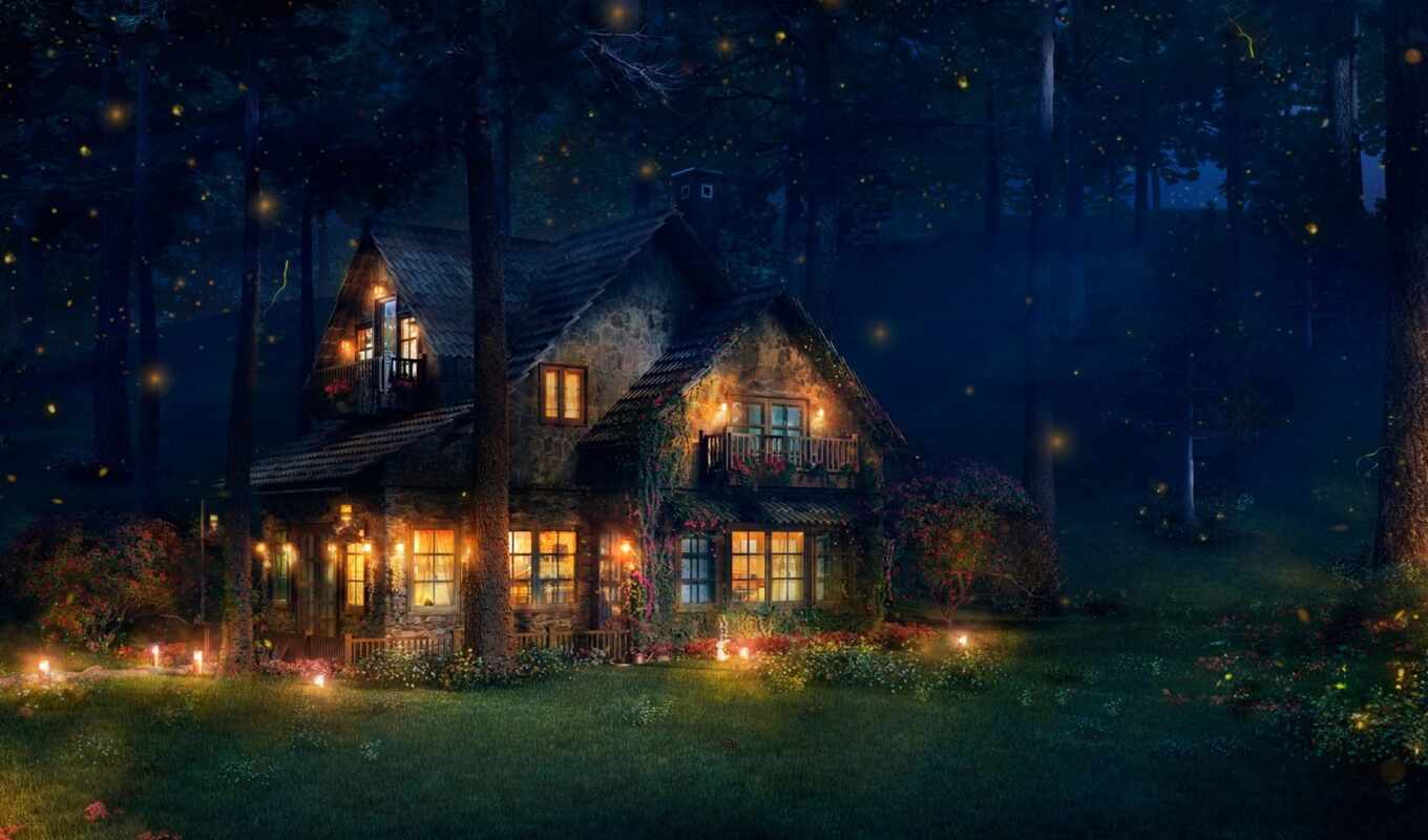 art, house, at home, forest, forest, bright, cottage, firefly, lights, light
