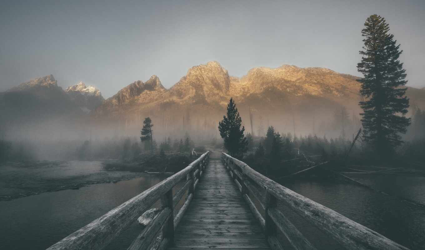 природа, мост, card, туман, коллекции, горы