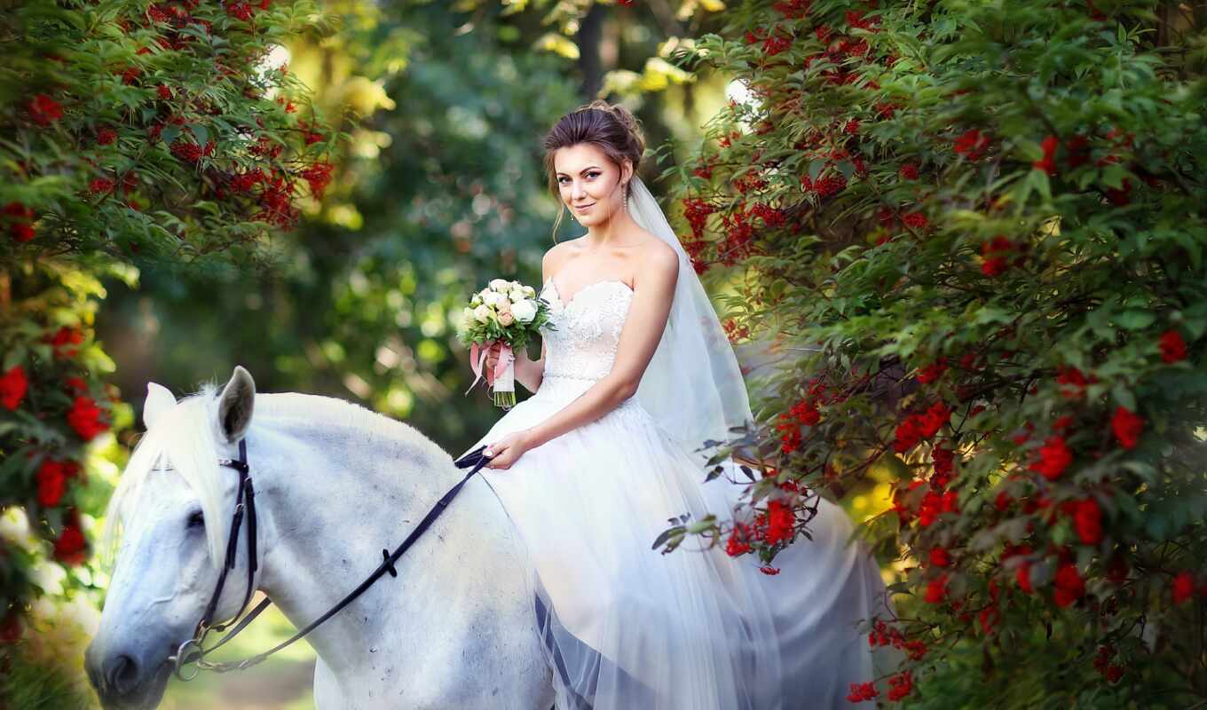 цветы, девушка, white, лошадь, платье, mare, настроение, букет