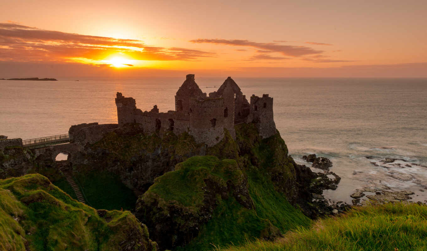 развалины, castle, ирландский, antrim, задолго, słońca, руины, morze, dunluce, irlandia, p nocna