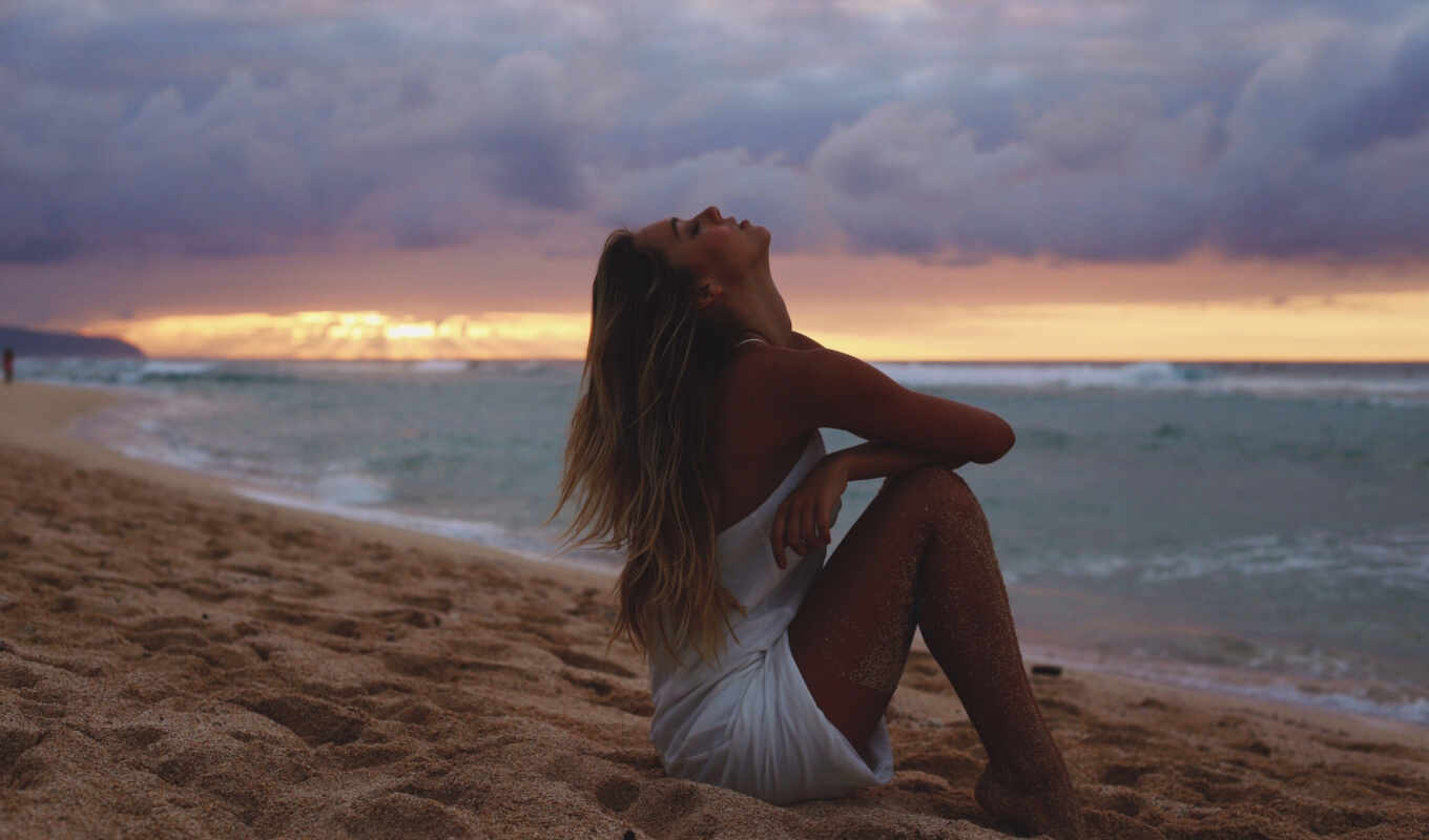 девушка, summer, закат, пляж, песок, see, облако, sit, алексис, ren, izuva
