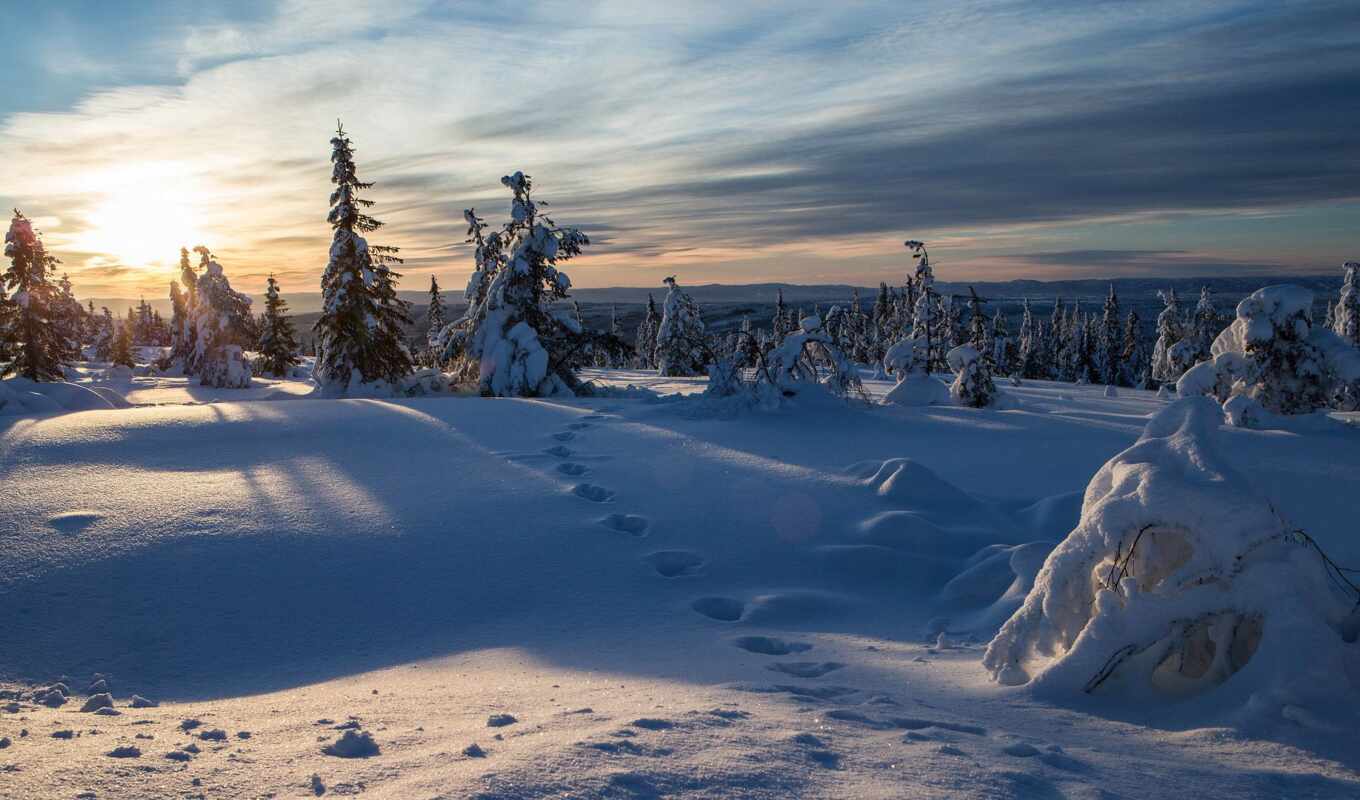 nature, background, sunset, snow, sunrise, winter, mountain, see, norwegian, funart