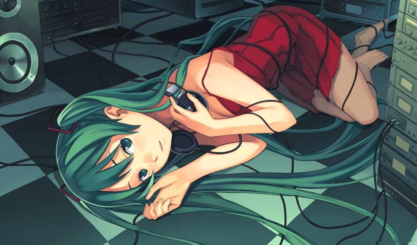 девушка, green, anime, miku, лежит, hair