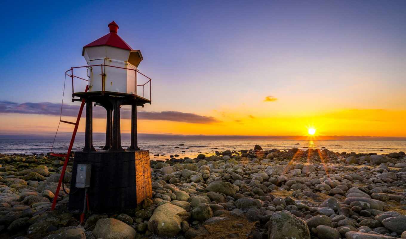 sunset, city, sea, lighthouse, coast, Norway, small, rogaland