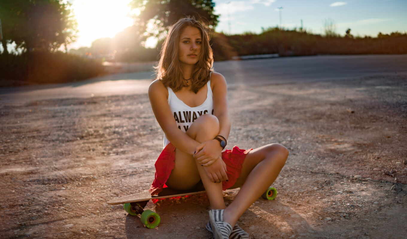 девушка, спорт, красивый, sit, skateboard