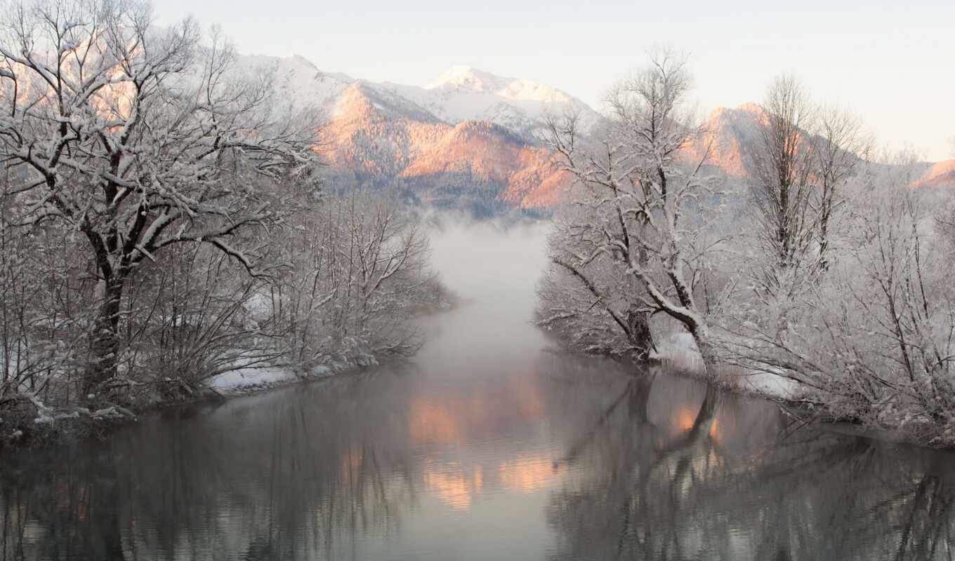 desktop, дерево, снег, winter, река, trees, mountains, туман, отражение