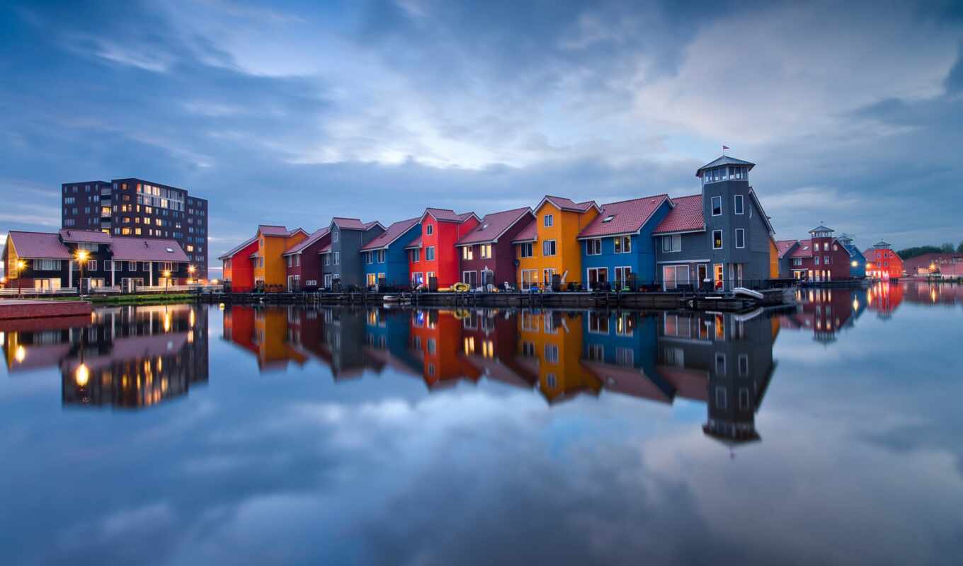 sky, city, water, evening, architecture, house, cloud, reflection, river, waterpath, groningen