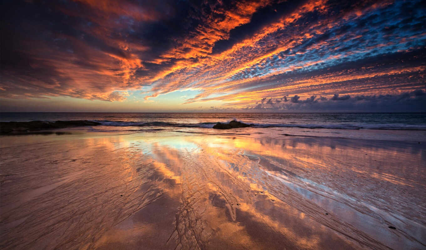 sky, sunset, sea, sand, cloud, ocean, reflection, wet, beach