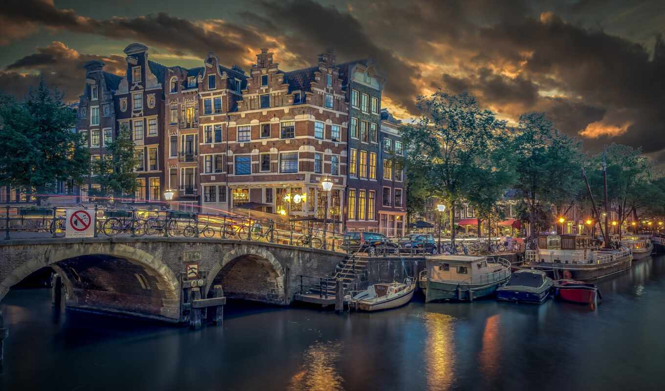view, window, city, Bridge, lights, Amsterdam, France, river, cafe, papeneiland