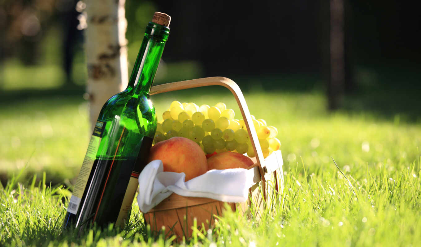 meal, picture, wine, peaches, basket, grape, bottle, picnic