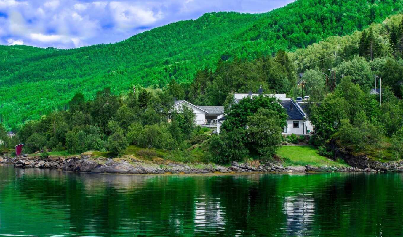 nature, free, forest, landscape, houses, river, hills, Norway