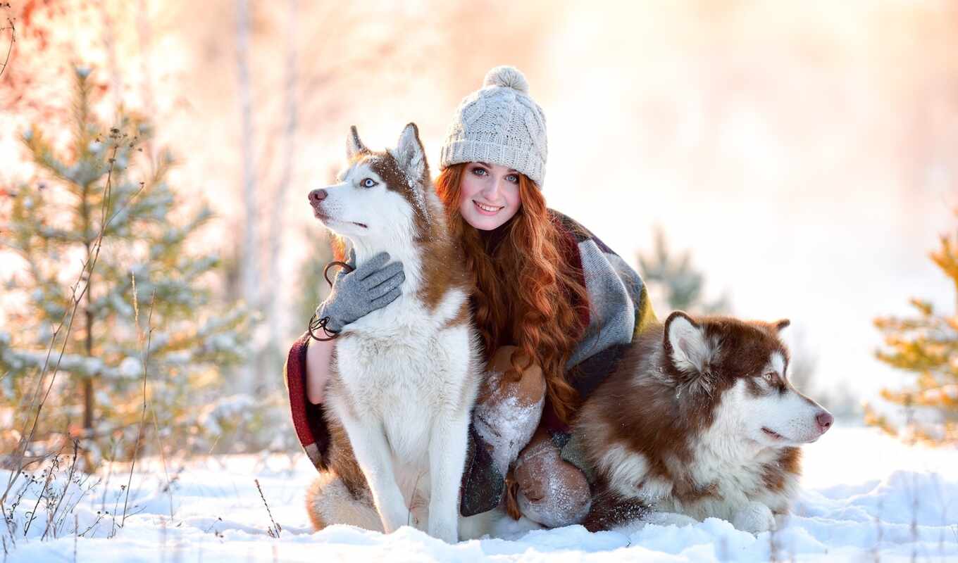 girl, red, snow, winter, smile, dog, siberian, husky