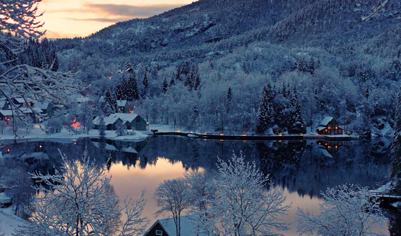снег, winter, зимой, норвегия, деревя