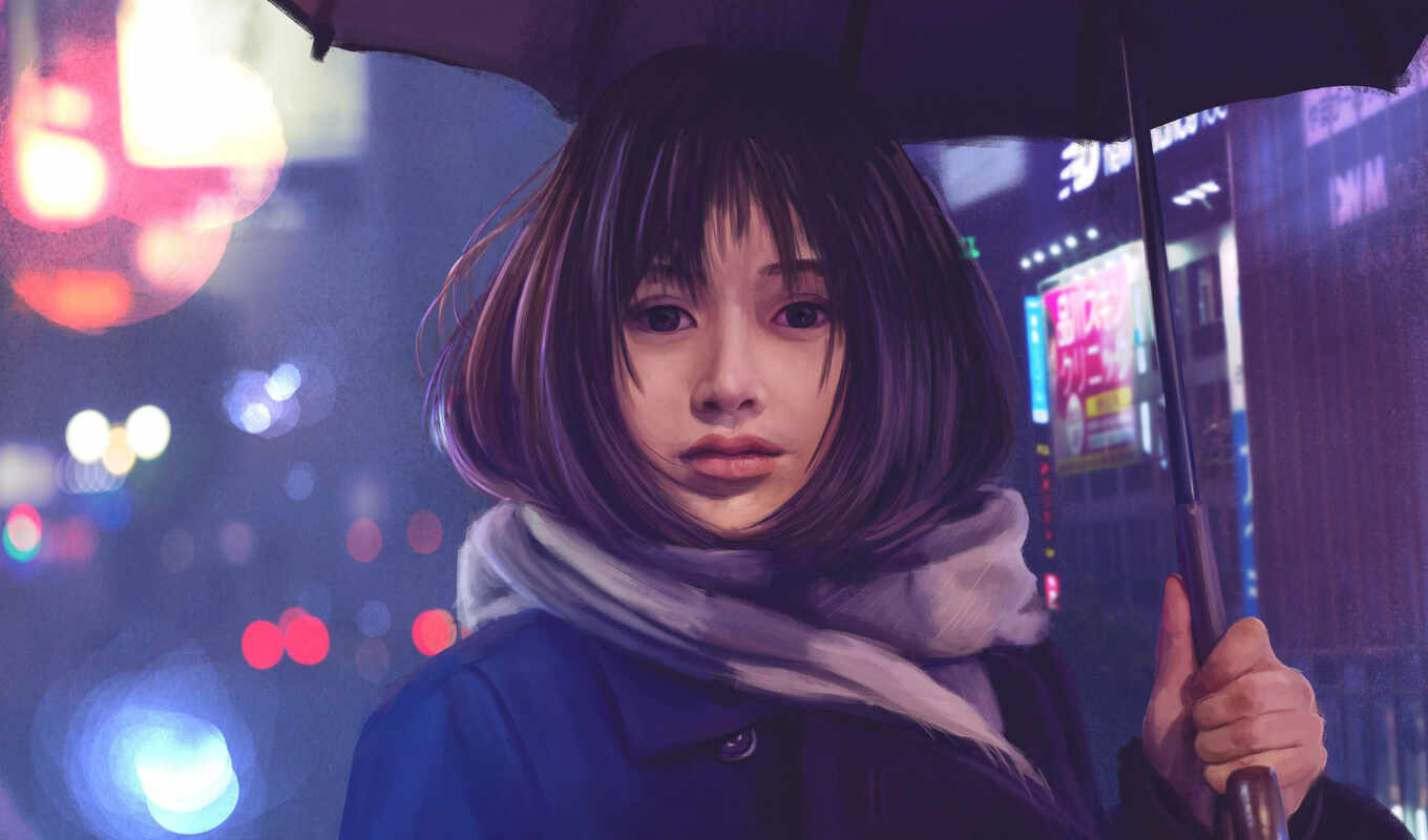 art, girl, paint, digital, rain, anime, asian, portrait, artwork, umbrella