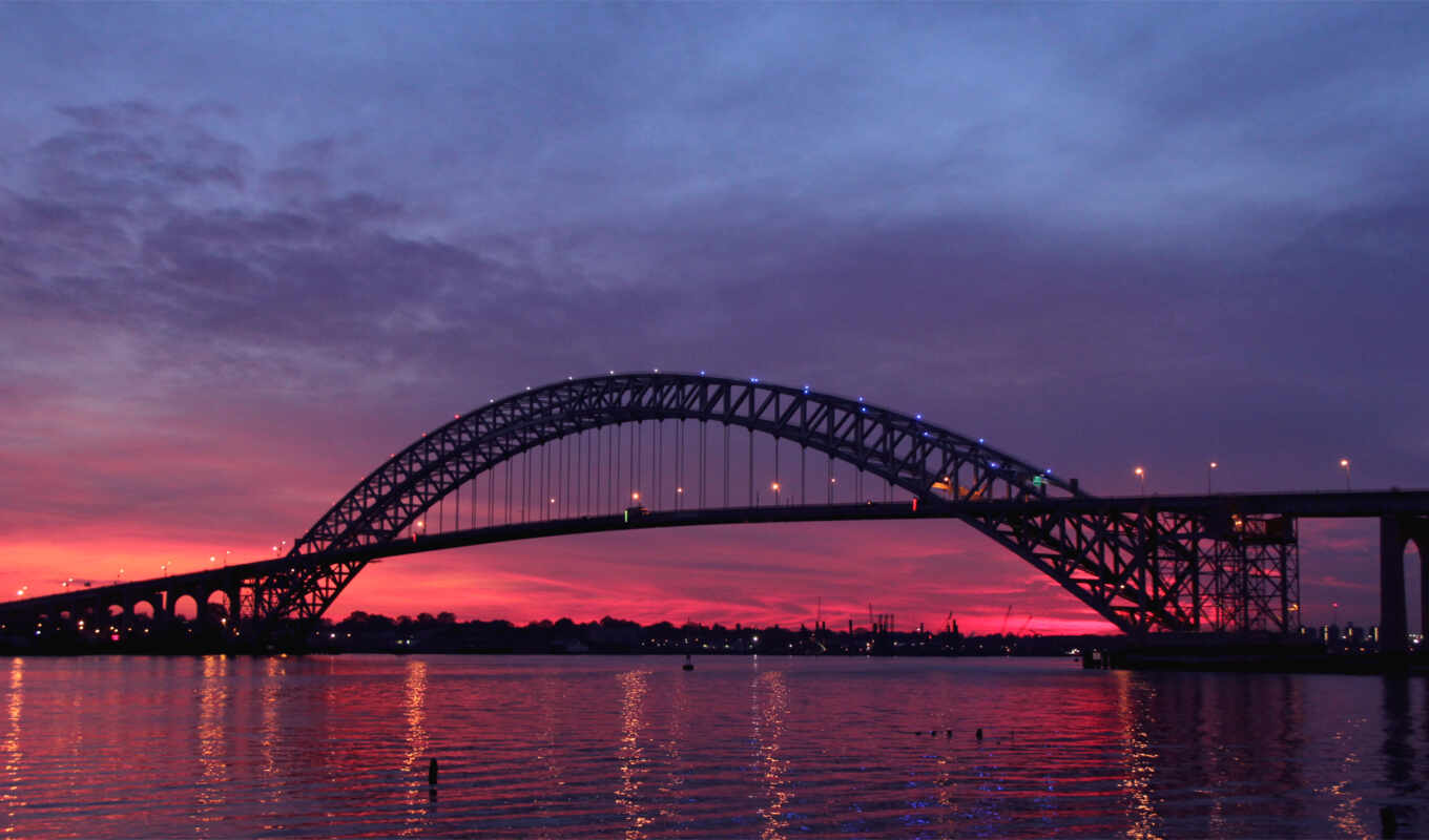 закат, мост, река
