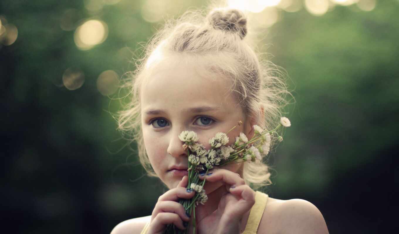 flowers, girl, abyss, portrait, yellow