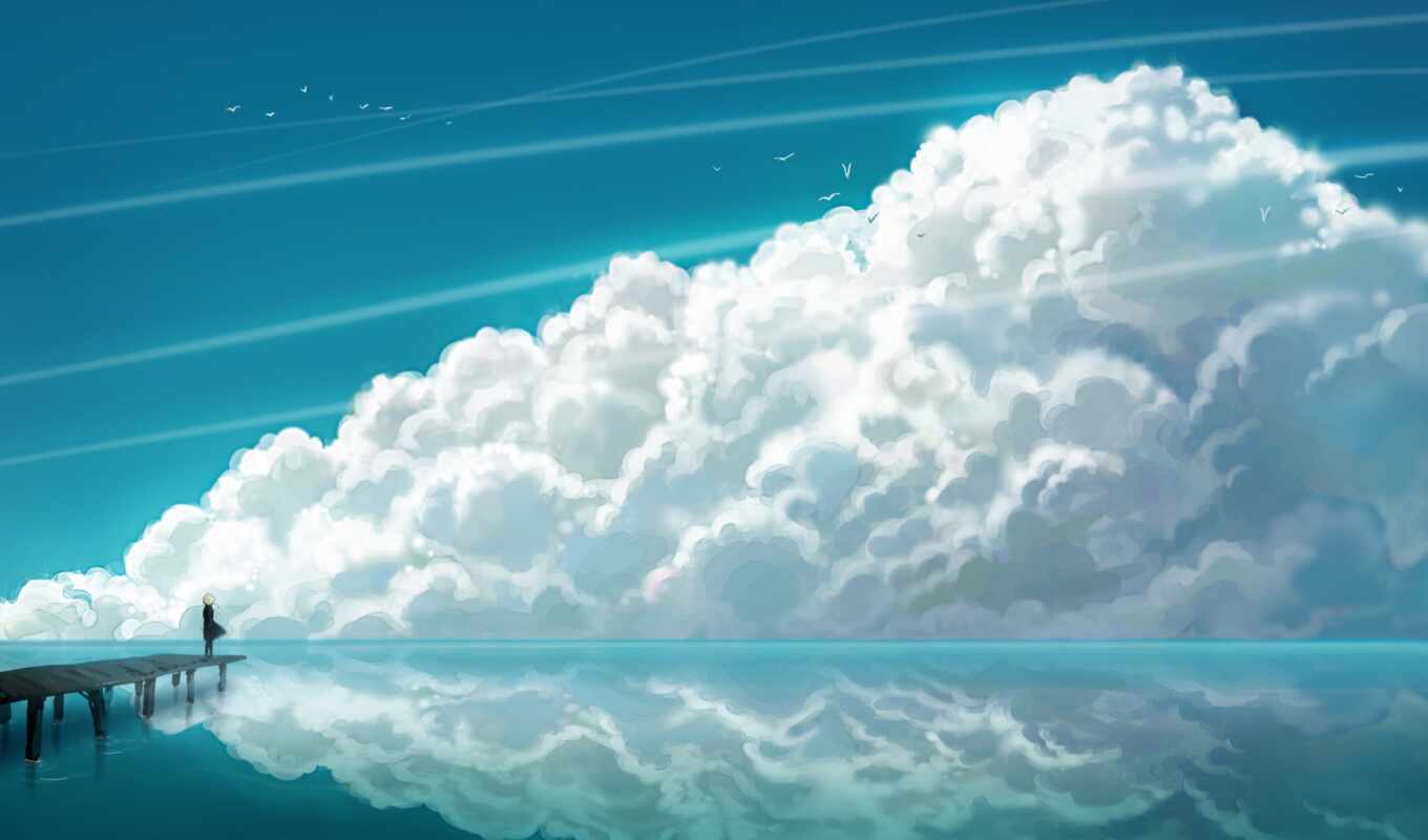 небо, anime, облако, scenery, drawing