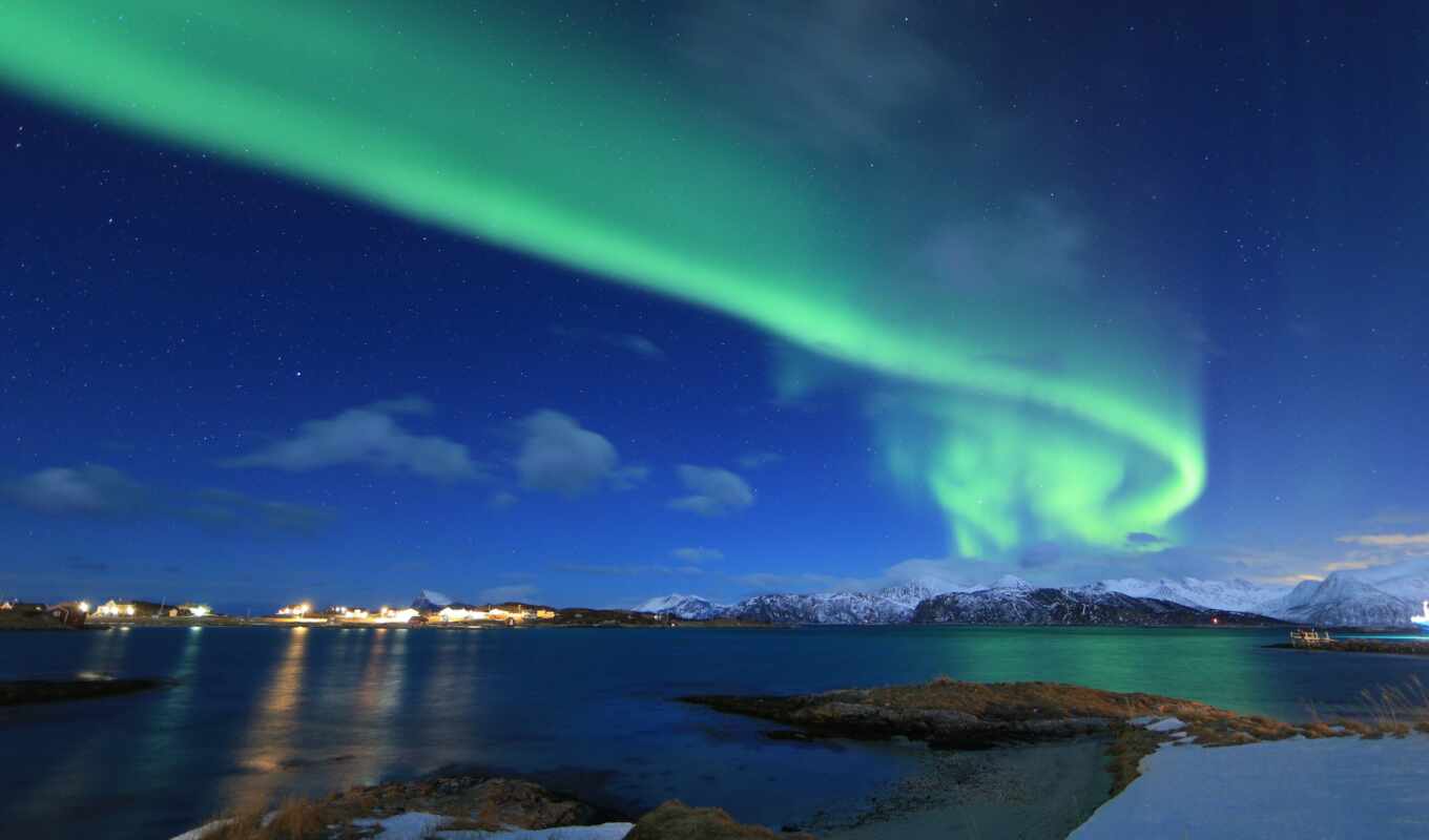lake, winter, lights, Norway, northern, glow