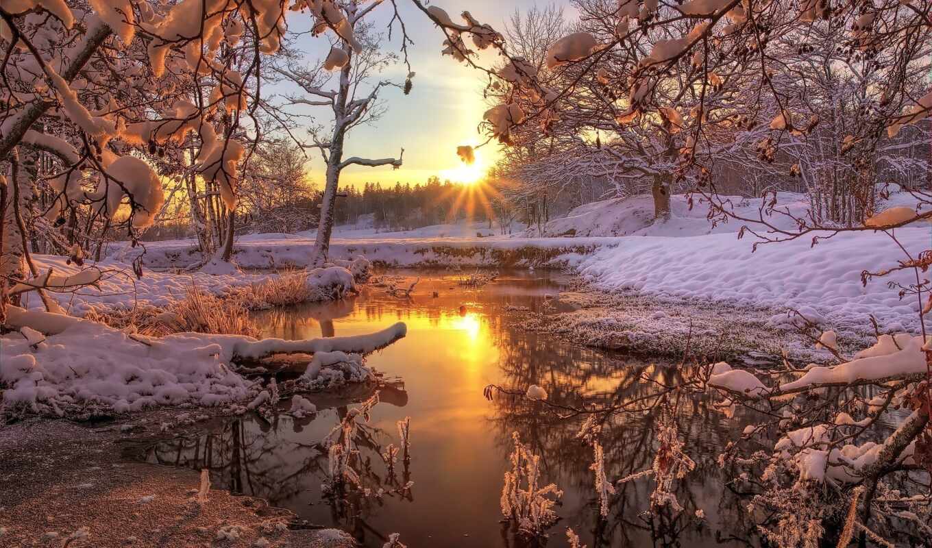 nature, sky, tree, sunset, snow, winter, landscape, river, sunrise, fore