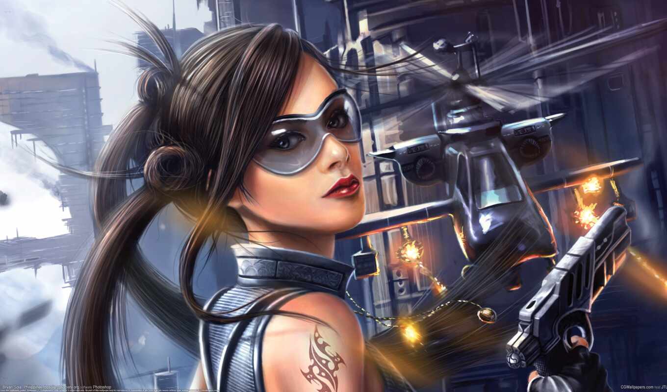 art, girl, city, gun, weapon, glasses, bryan, helicopter, the pendant, lonely