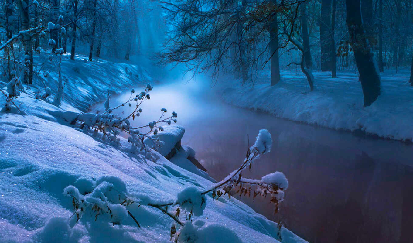 nature, snowflakes, water, snow, winter, cold, river, trees