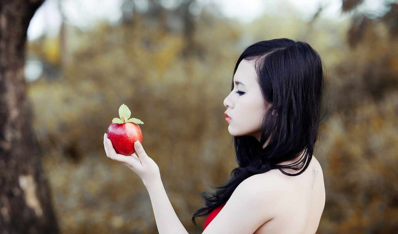 apple, view, girl, asian, side