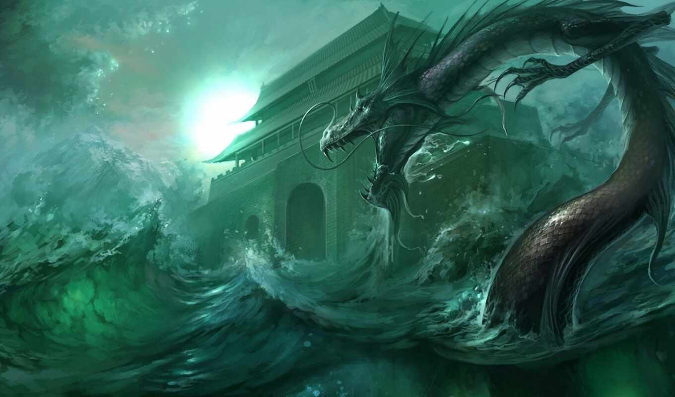 art, буря, храм, море, asian, дракон, ocean, битва, waves