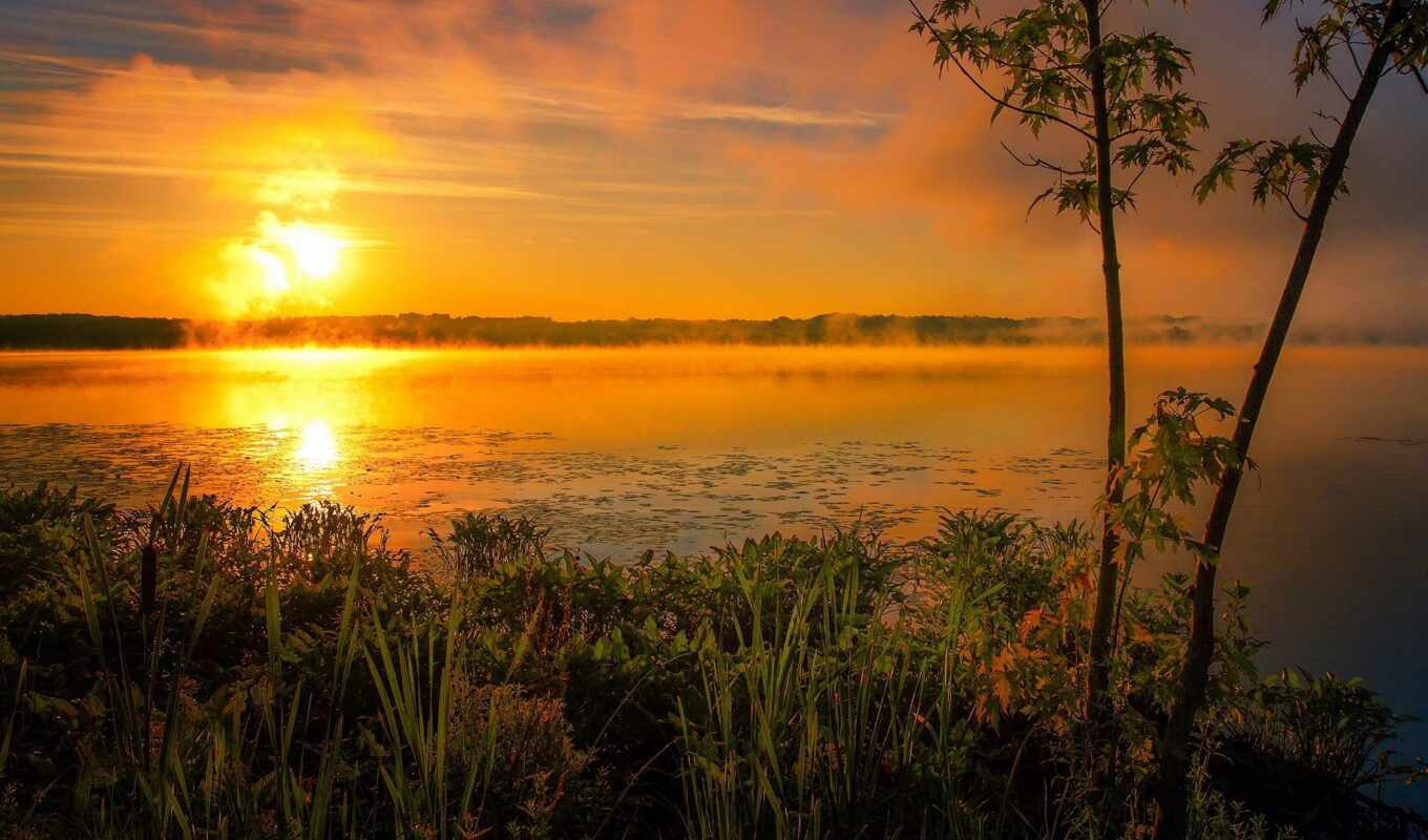 lake, sun, sunset, rising, because
