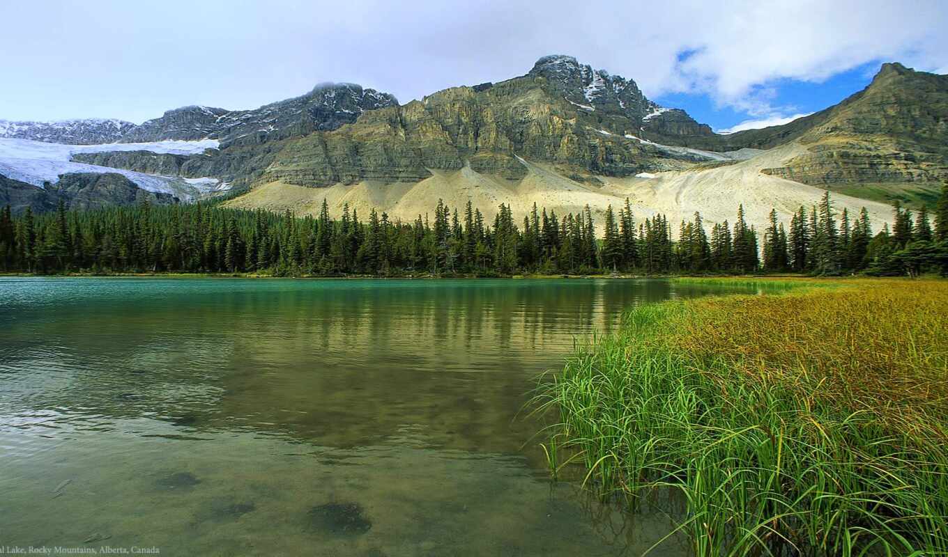 озеро, природа, гора, канада, альберта, скалистый
