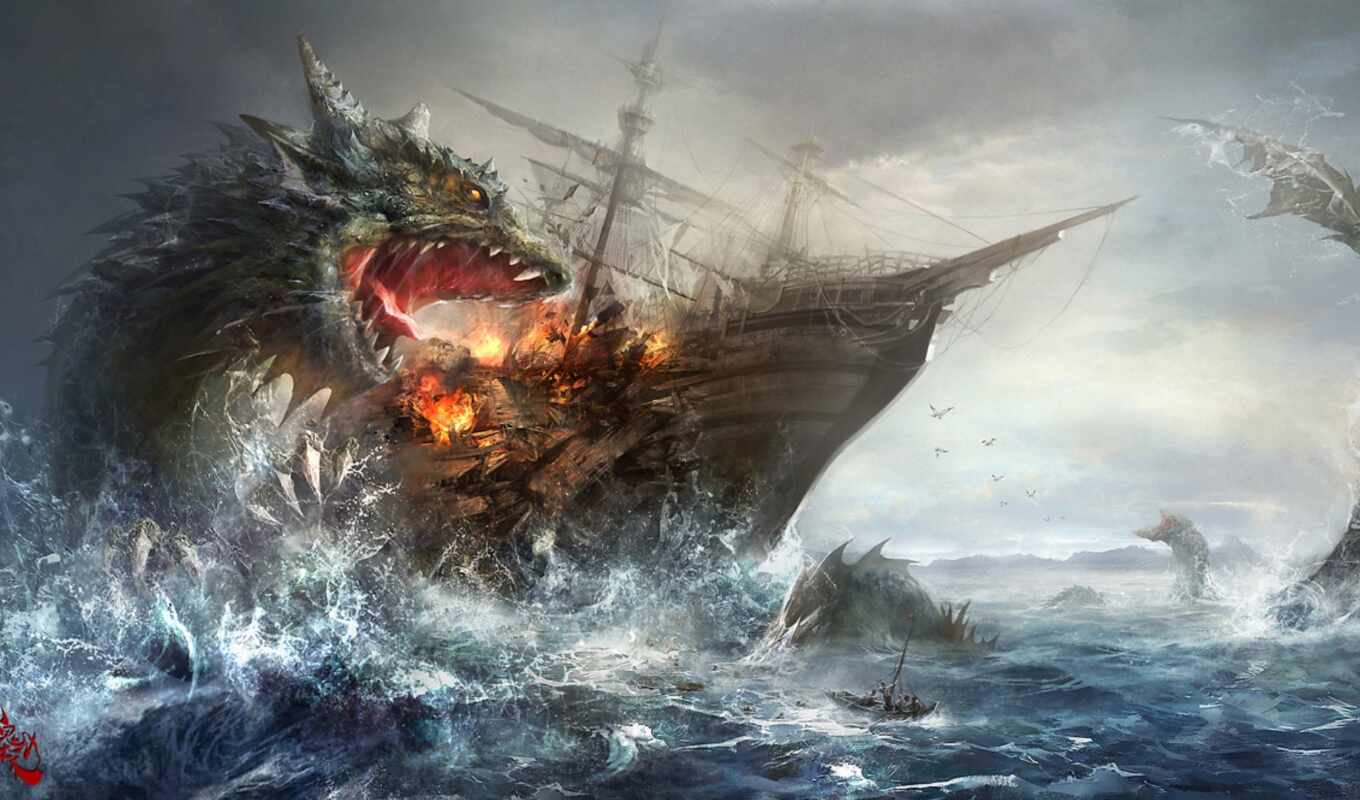 monster, ship, sea, fantasy, pinterest, illustration, monsters, attack