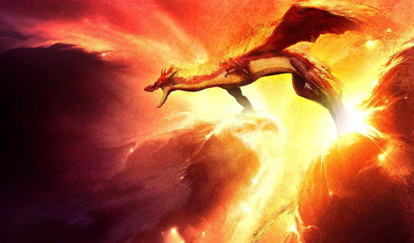 red, дракон, огонь, illustration