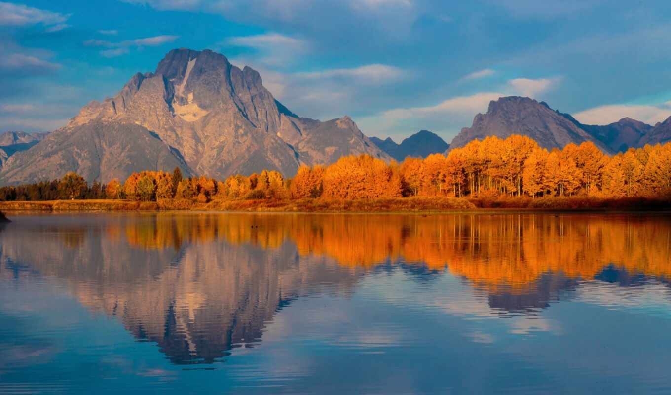 lake, forest, mountain, USA, autumn, wyoming