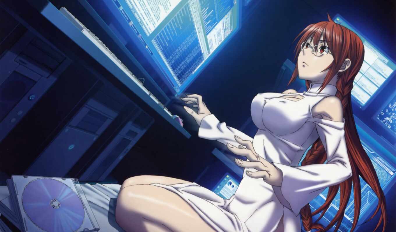 девушка, компьютер, anime, рыжая, очки, sekirei