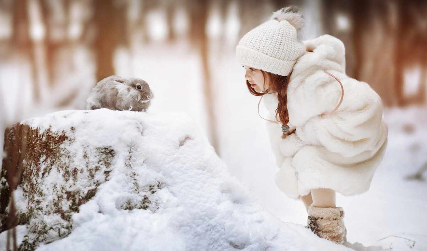 hat, girl, white, snow, winter, rabbit, a cap, fur coat