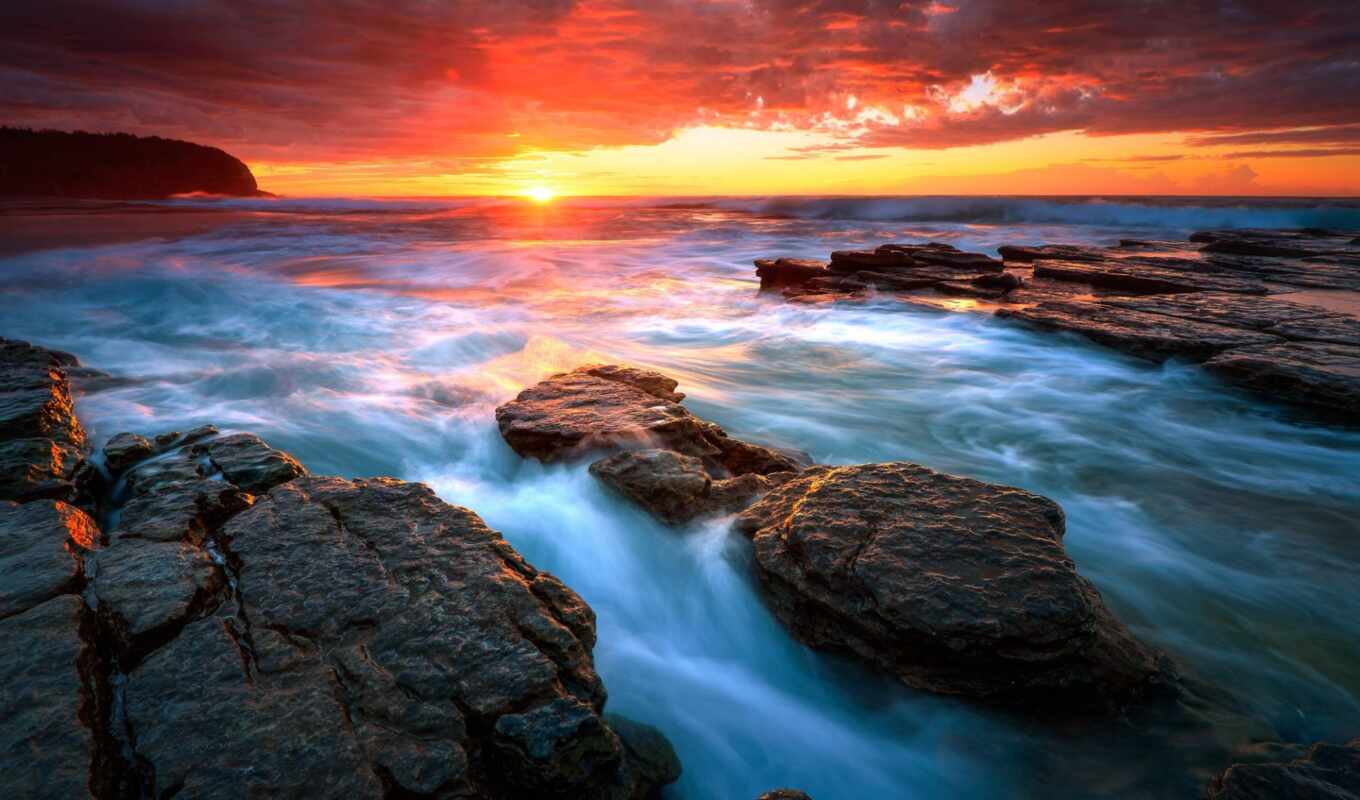 nature, stone, sunset, water, sea, complain, Sun, piękny, over, morzem