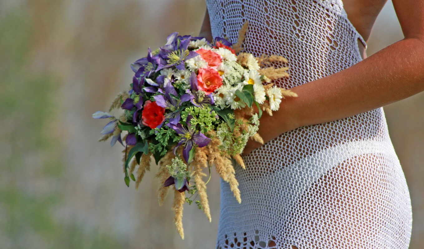 girl, dress, bouquet