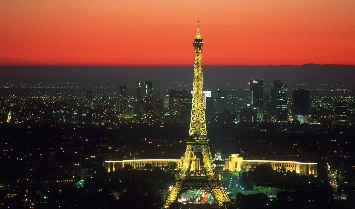 закат, франция, париж, башня, eiffel